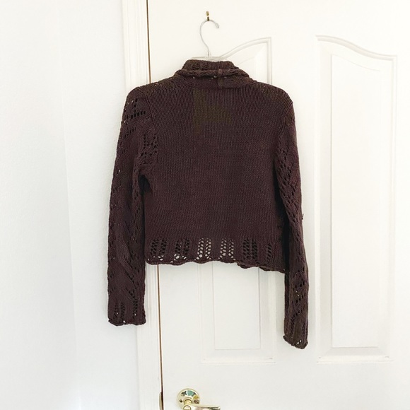 Pink Cardigan Brown Shawl Collar Crocheted Cardi - Picture 4 of 4